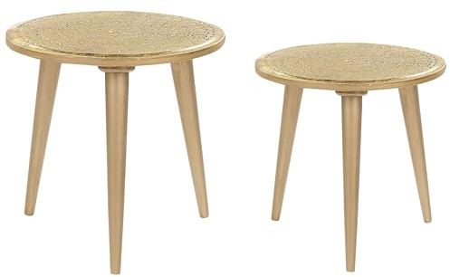 Beliani Set von 2 Beistelltischen aus Mangoholz mit geschnitztem Blumenmuster und Vintage-Effekt Narra