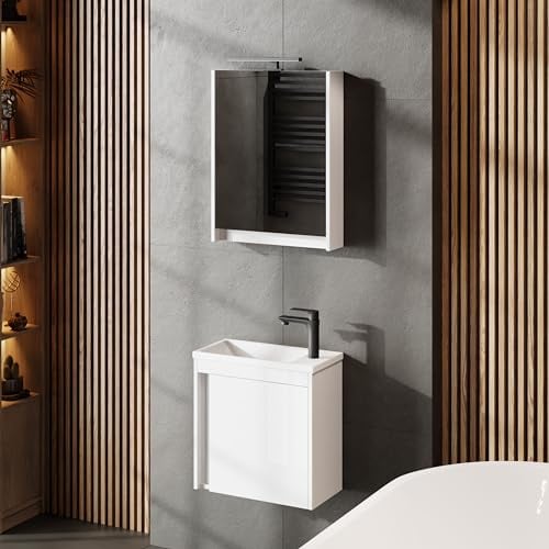 Planetmöbel Badmöbel Set 3-teilig Waschbecken mit Unterschrank 50 x 48,3 x 24,8 cm weiß Hochglanz, Spiegelschrank 50 x 65 x 11,4 cm mit LED Aufbauleuchte