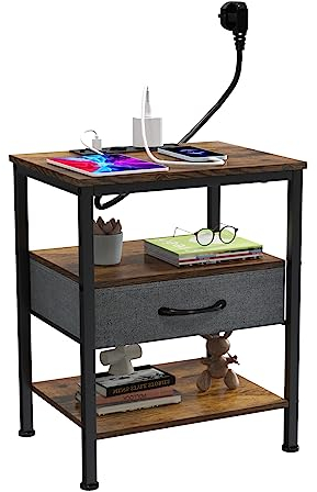 d'appoint et Table de Nuit avec Prises et Ports USB, Cadre en Acier Robuste, bois, Salon, Chambre à Coucher, Assemblage Facile, 1 Tiroirs 2 Compartiment Ouvert, 40 x 30 x 60 cm, marron vintage