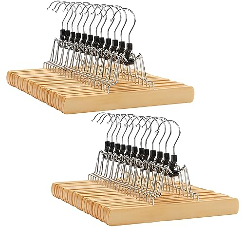 SONGMICS Hosenspanner, 24 Stück, Kleiderbügel aus Holz, Hosenbügel, rutschfest, verchromter Haken, um 360 Grad drehbar, Natur CRW007-24
