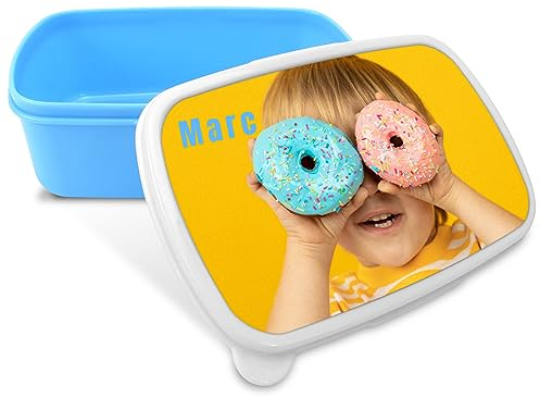 Fiambrera infantil. Regalos personalizados. Caja merienda con foto. Apta para microondas y libre de BPA, filatos y metales pesados. COLOR AZUL