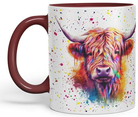 Vixar Mug coloré Vache des Highlands Animaux de la ferme écossaise Aquarelle Art 330 ml Tasse Cadeau d'anniversaire Travail Bureau Thé Café (Hc4) (Marron)