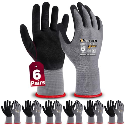 Nopaben 6 Pairs Work Gloves Men, Safety Gloves, Gardening Gloves, Abrasion Resistant Nitrile Coating with Firm Grip, Mechanic Gloves, Ideal for Automotive, Home Improvement, (XXX-Large - Size 12)