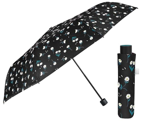 PERLETTI Regenschirm Damen Schwarz mit Weißen Blumen - Taschenschirm Manuell für Frauen Mädchen - Handtasche Damenschirm Regen Schirm Kompakt Sturmfest - Durchmesser 97 cm (Schwarz mit Gänseblümchen)