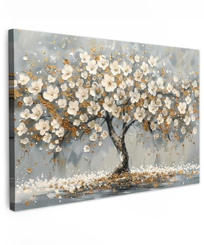 MuchoWow© Leinwand Bilder 90x60 cm Wanddeko Wohnzimmer Aesthetic Room Decor Deko Zimmer Wandbilder Modern Bild auf Leinwand Baum - Blumen - Weiß - Natur - Kunst
