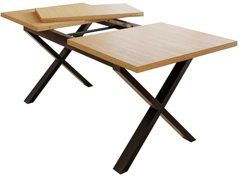 MetaloPro Belaga Esstisch Ausziehbar, 160-210cm - Rustikales Eichenfurnier mit Elegant Gekreuzten Schwarzen Beinen, Platzsparend & Vielseitig