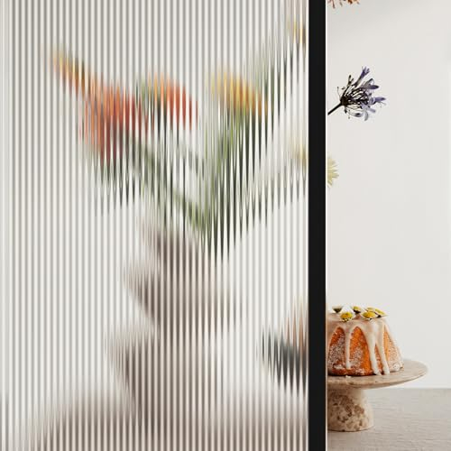 SAMHEITO Fensterfolie Blickdicht Selbsthaftend statische Sichtschutzfolie 60x200cm Riffelglas Effekt Vertikale Streifen Muster für Zuhause Badzimmer Büro Wohnzimmer