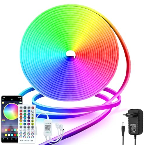 DBFAIRY RGB LED Strip 10M, 24V Neon LED Streifen mit APP und Fernbedienung, IP65 Wasserdicht LED Band Music Sync, Flexibel Silikon Neon Lichtband für Innen Aussenbereich Heim Deko