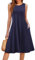HOTOUCH Summer Dresses for Women UK Sleeveless Midi Dress Swing Beach Sundress Pleated Knee Length Shirt Dress with Pockets Navy Blue XL