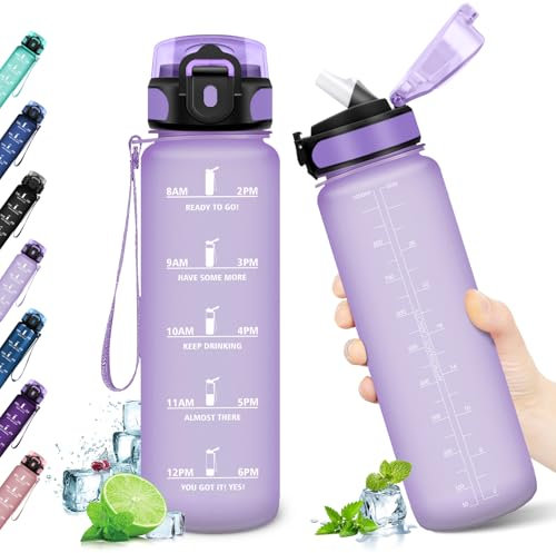 KollyKolla Gourde 1L, Bouteille d'eau, Gourde Paille, Étanche & Réutilisable, Gourde Sport avec Marqueur de Temps, Gourde Motivation pour Enfant, Adulte, Cyclisme, Bureau, l'école, Camping