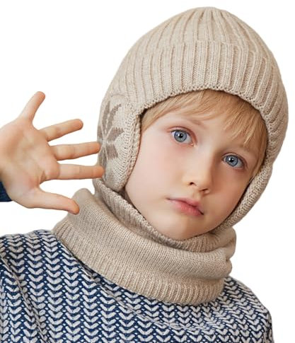 Cheerful Mario 3-8 Jahre Winter Mütze Schal Set Kinder Jungen Wintermütze mit Ohrenschützer und Loop Schal Warme Fleecefutter Beige