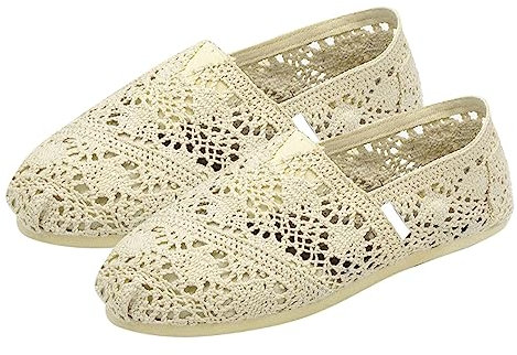 Shoes for Swollen Feet Women Black Shoes Women Women's Canvas Crochet Slip On Shoes Flat Summer Trainers for Women Ladies Canvas Pumps (Beige, 3.5)