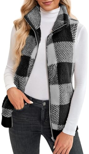 Maeau - Gilet Polaire Femme Sans Manches Manteaux à Carreaux Chaud Léger Zippé Gilet Veste en Peluche Manteau Automne Hiver avec Poche - Gris - L