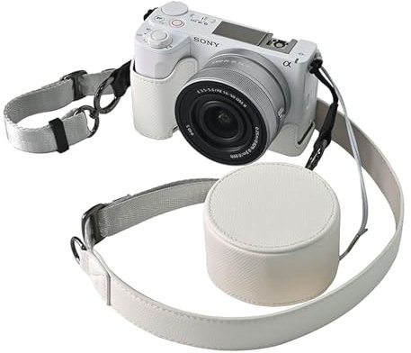 VOVMOEYA Protective Camera Case Kit for Sony ZV-E10 II Mirrorless Camera,for Sony ZVE10II Half Case ZV-E10II Camera Cover with 16-50MM Front Lens Cap with Shoulder Strap-White