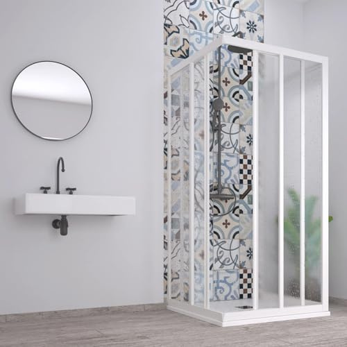 Box doccia 3 Lati Acril in Acrilico con profili in PVC apertura angolare riducibile Made in Italy (Bianco, 80x100x80 cm)