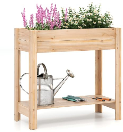 COSTWAY Raised Garden Bed, Wooden Elevated Planter Box with Storage Shelf & Drainage Holes, Flower Growing Box Container for Climbing Plants Vines Fruit (81 x 38 x 77cm)