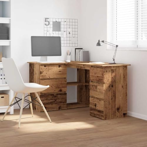 CIOURSTO Eck-Computer-Schreibtisch-Tisch aus Eichenholz mit Stauraum Geeignet für Büro und Wohnzimmer (Altes Holz)