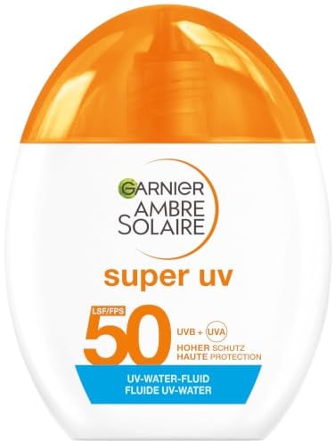 Garnier Ambre Solaire Super UV UV-Water-Fluid LSF 50 – Erfrischende Sonnencreme für das Gesicht – 12h Frische & Dry-Touch Effekt – Zieht schnell ein, unsichtbares Finish & nicht fettend – 40ml