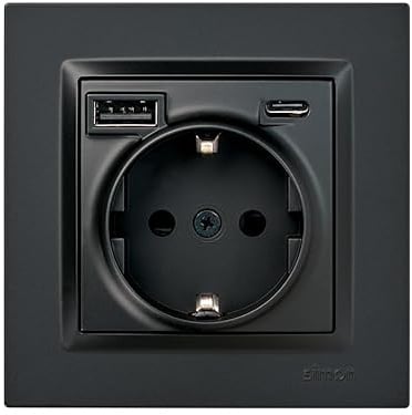 SIMON 10 Enchufe Schuko + 2 USB A+C 250V 16A Negro Mate | Carga USB 10,5W. Incluye marco, tapa y mecanismo.
