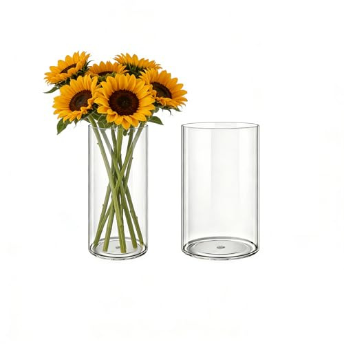 MELEJIA Acryl Blumenvase 2 Teiliges Set, Bruchsichere Transparente Zylindervase, Modern Acryl Vasen zur Dekoration, Vase für Hochzeiten, Wohnzimmer, Büro, Hausdekoration-(10 x 20 cm und 12 x 20 cm)