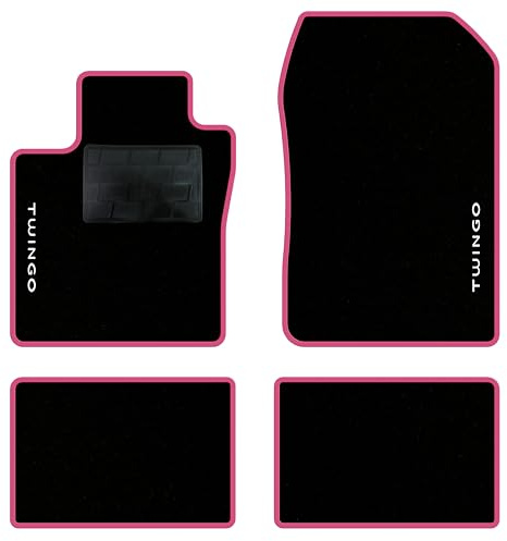 QUEMAR Auto-Fußmatten kompatibel mit Renault Twingo II 2007-2014 / Set Fußmatten aus Teppich und Gummi nach Maß (Set 2 vorne + 2 hinten) / Stickerei und personalisierte Farben (rosa Rand, 2