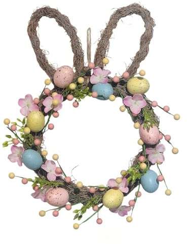 Osterkranz Hasenohren für Haustür, Künstlicher Ostereier Kranz Bunt, Türkranz Frühling Osterdeko mit Pastell Eiern & Blumen, Wandkranz Dekokranz für Innen Außen Wand Fenster (40cm)