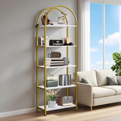 Koioplie Bogenförmiges Bücherregal, 5 Ebenen Standregal, MDF Holzwerkstoff mit Spanplatte, Mid-Century Modern Stil, Gold/Weiß (Marmoroptik), Für Wohnzimmer Schlafzimmer Büro