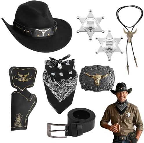 HotoPink 8 Stück Cowboy Kostüm Zubehör Set, Western Outfit Kit mit Cowboy Hut, Paisley Bandana, Holster Gürtel, Bolo Krawatte, Halskette, Sheriff Abzeichen für Karneval Cosplay Party