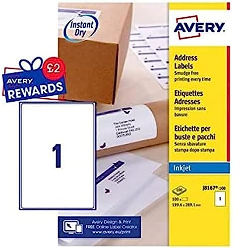 Avery Adressetiketten für Tintenstrahldrucker schnell trocknend 1 Stück pro Blatt 199,6 x 289,1 mm 100 Etiketten weiß