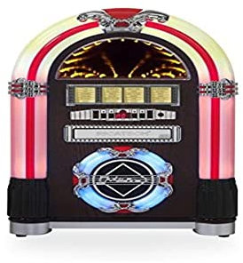 Ricatech RR792, Reproductor de CD Retro tocadiscos, Radio AM / FM, Soportes de mini estantes para vellonera, SD y USB, Entrada de línea AUX, 5 luces LED que cambian de color, Color cereza