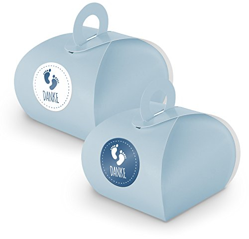 SET Danke Fußabdrücke (Motiv 29) 24x Geschenkschachtel mit Griff blau + Sticker