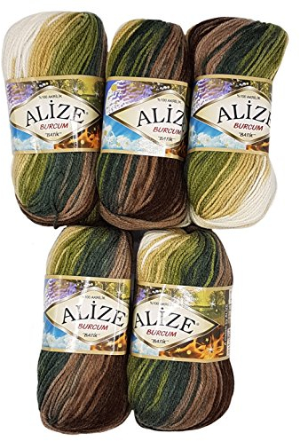 5 x 100 Gramm Alize Burcum Batik Wolle Mehrfarbig mit Farbverlauf, 500 Gramm Strickwolle (braun beige creme u.a. 1893)