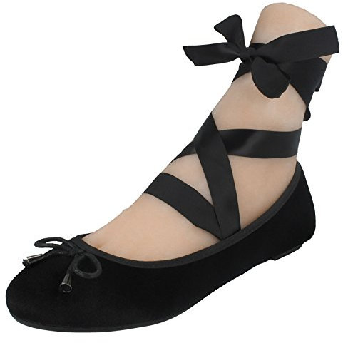 Spot On Ladies Tie Up Leg Flat Ballerinas - Black Velvet - UK Size 4 - EU Size 37 - US Size 6