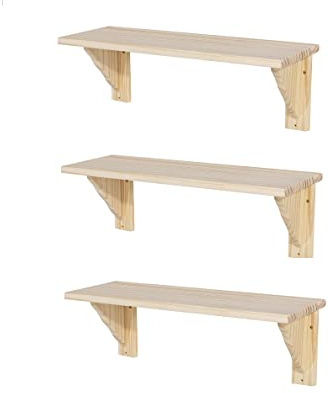 Set of 3 Natural Wooden Shelf Storage Kit Pine Colour & Fixings 580mm x 190mm x 16mm