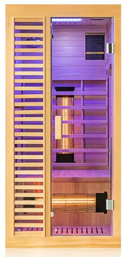 Dewello® Infrarotkabine Infrarotsauna Hamlin 90x90cm für 1 Person aus Hemlock Tannenholz mit Vollspektrumstrahler, LED-Farblicht, Bluetooth, FM, MP3, USB