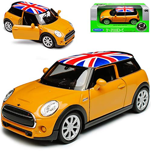 Mini Cooper S F56 New Hatch 3 Türer Gelb mit Union Jack Flag Flagge Dach Ab 2014 ca 1/43 1/36-1/46 Welly Modell Auto
