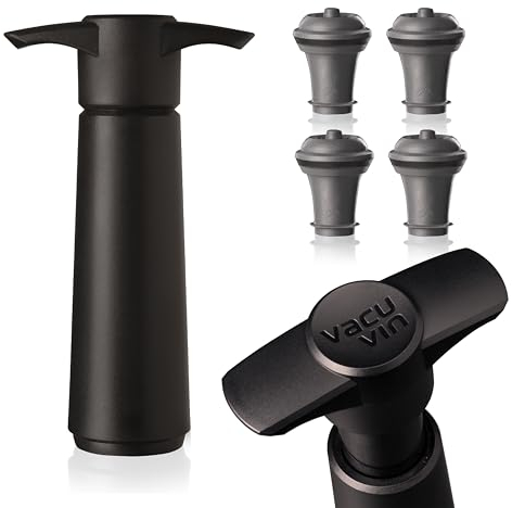 Vacu Vin Wine Saver Original with 4 Vacuum Stoppers – Black Wine Preserver Pump for Bottles – Airtight Seal Keeps Wine Fresh – Manual Air Remover – Reusable Bottle Stoppers Included