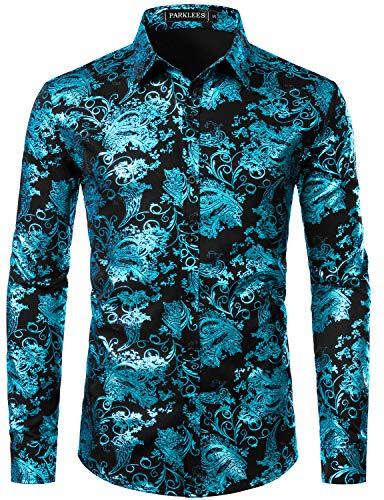 PARKLEES Herren Luxus Paisley Gemustert Golden Glänzend Slim Fit Freizeithemd ZLCL18 Schwarz Türkis L