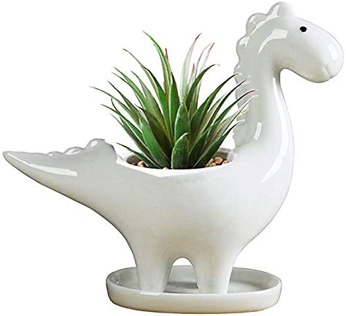 KiaoTime Pot de fleurs en céramique blanche en forme de dinosaure pour plantes grasses, bonsaï, plantes de dinosaures, cactus, décoration animale, pot à crayons, pot de chambre d'enfant (herbivore)