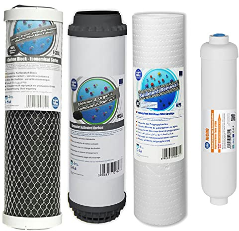 Kit ricambio filtri universale 10 per manutenzione impianto osmosi inversa, DEPURATORE ACQUA 5 stadi - (4pcs: Sedimenti, Carbone Attivo Granulare, CTO, Post Filtro in Linea T33) - MADE in EUROPA
