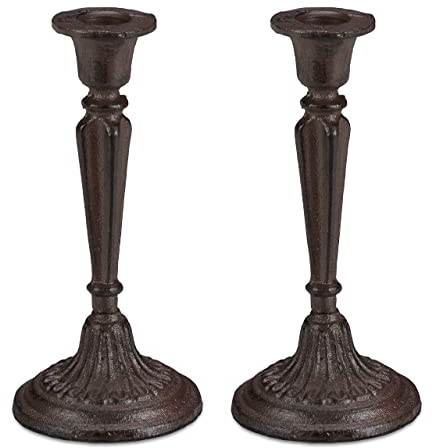 2 x Kerzenständer einarmig, für Tafel- & Stabkerzen, Kerzenleuchter Vintage, Kerzenhalter Gusseisen, HxD 19 x 9cm, braun
