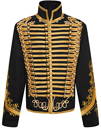 Ro Rox Adam Men’s Marching Band Military Jacket, Military Drummer Parade Jacket for Festivals, Stage Performances, Themed Parties, Cosplay Events, Black & Gold, M
