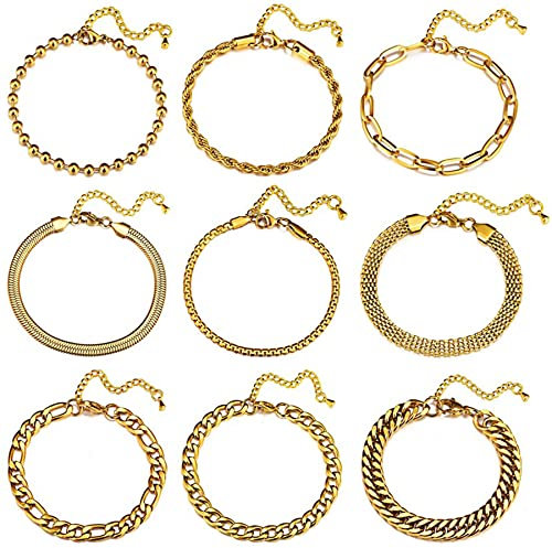 Cupimatch Set di 9 Bracciale da Donna in Acciaio Inox Braccialetti Regolabile con Catena Cubana Impilabile Colore Oro