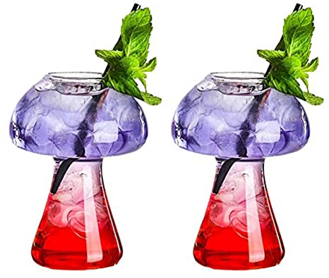URMAGIC 2 Pcs Mushroom Shape Cocktail Glasses,250ml Mushroom Glasses,Clear Mixed Drinking Glasses,Champagne Glasses,Wine Glasses,Decorative Martini Glass,Ice Cream Cup,Glass Drink Cup