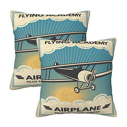 TKS MITLAN Retro Banner mit Flugzeug Fly Throw Pillow Covers Set of 2 18 x 18 Inch Vintage Aircaft Poster Square Pillowcases Home Decor for Sofa Bedroom Car Cushion Cases