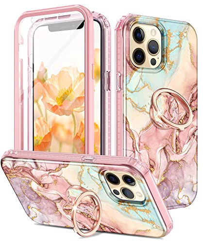 Btscase for iPhone 12 Pro Max Case 6.7 Inch, Built-in Screen Protector with 360° Ring Holder Kickstand, Full Body Dual Layer Rugged Shockproof Protective Cover, Rose Gold