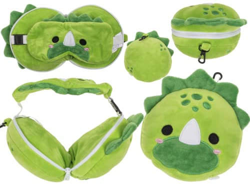 Out of the blue Kinder-Plüsch-Reisekissen Dinosaur mit Augenmaske – Weiches 2-in-1 Nackenkissen für Kinder – Kuscheliges Reisekissen für Auto, Zug & Flugzeug – Waschbar & platzsparend