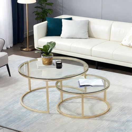 Runder Beistelltisch Gold 2er Set für Wohnzimmer, Moderne Beistelltische mit stabilem Metallrahmen und gehärtetem Glas Minimalistischer Beistelltisch Cocktailtisch für Esszimmer Wohnkultur