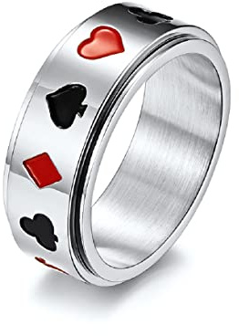 Poker-Karten-Band-Ring, Glücklich Spaten Poker-Spinner-Ring für Männer, Hip Hop Schwarzer Pik-Ass-Ring Silber Spielkarten Schmuck, Punk Pik-Ass-Ring Jahrgang Spielkarten Ring für Jungen