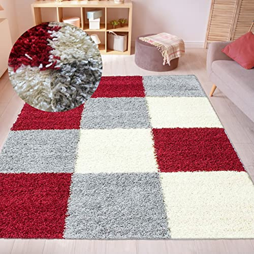 CARPETIA Moderner Hochflor Shaggy Teppich mit Karodesign rot grau Creme 120x170cm